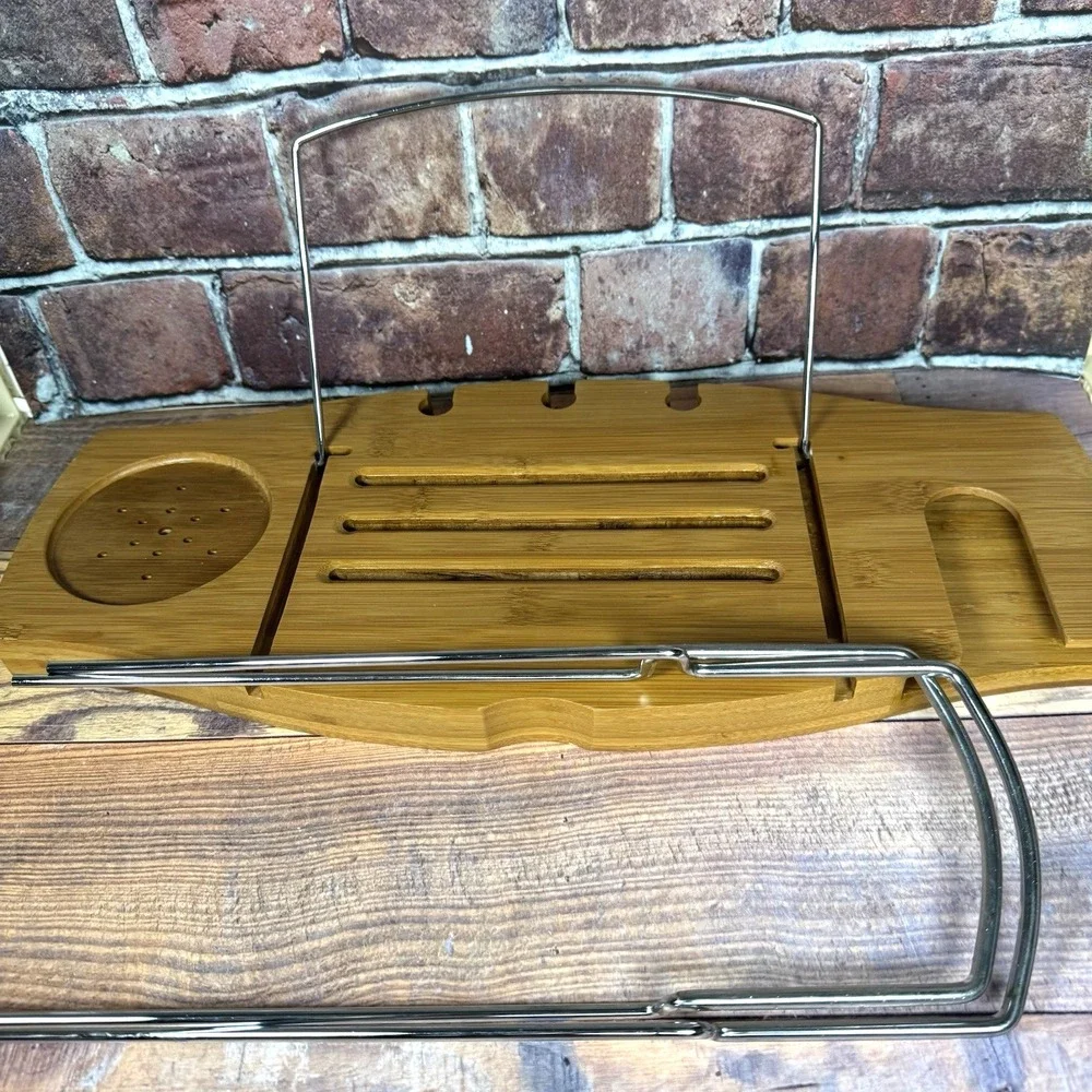 Umbra Aquala Bathtub Caddy Tray Natural Wood Book Wine Glass Holder Open Box New